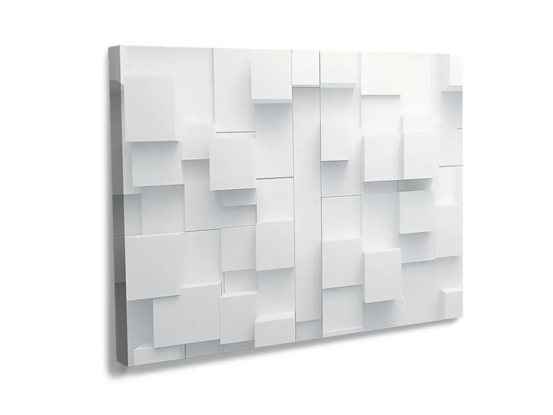 Kurkborden op canvas met witte driedimensionale blokkenwand – formaat 120 × 80 cm