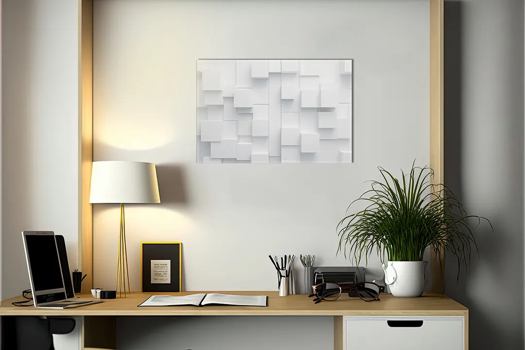 Kurkborden op canvas met witte driedimensionale blokkenwand – formaat 140 × 100 cm