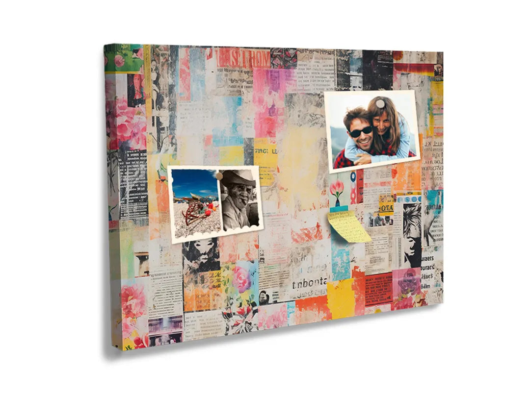 Kurkborden op canvas met kleurrijke collage van posters – formaat 60 × 40 cm