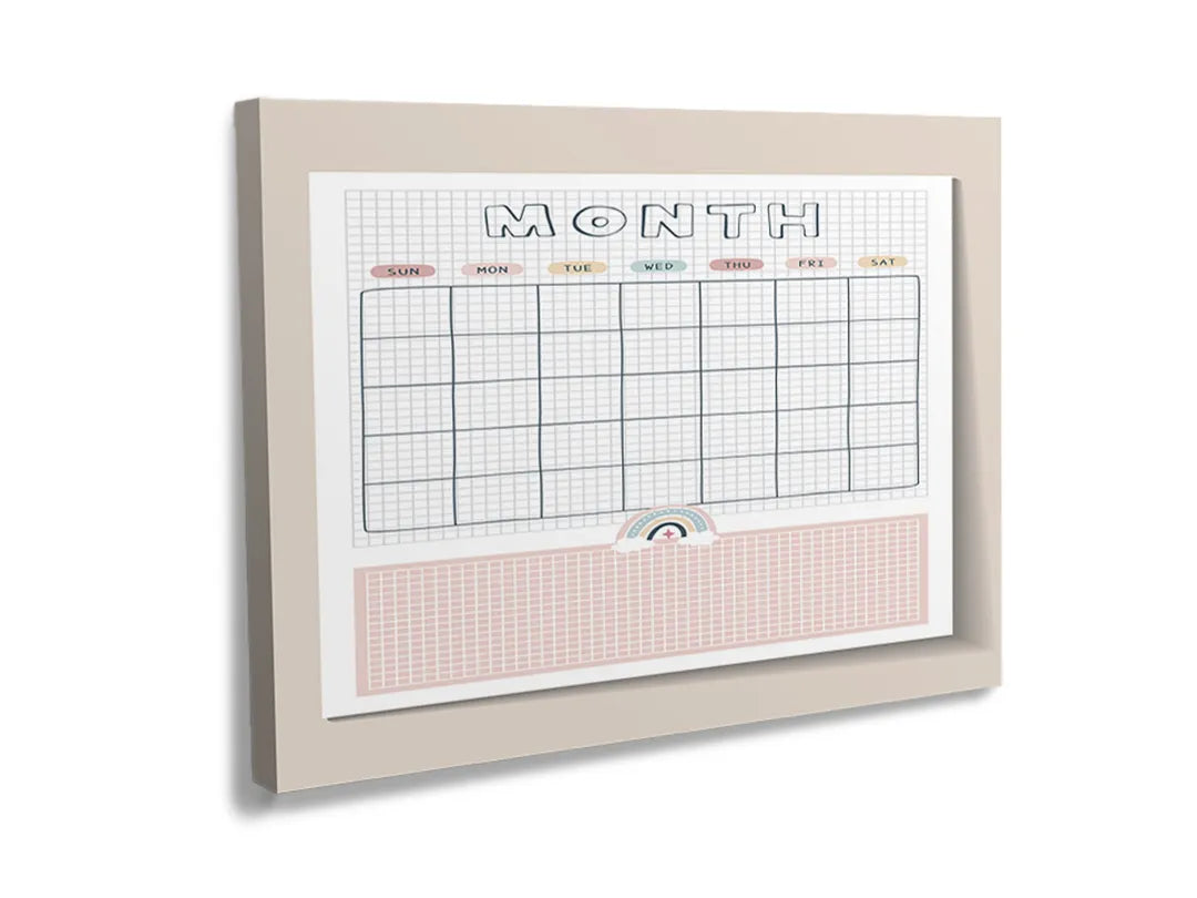 Kurkborden op canvas met roze maandplanner – formaat 120 × 80 cm