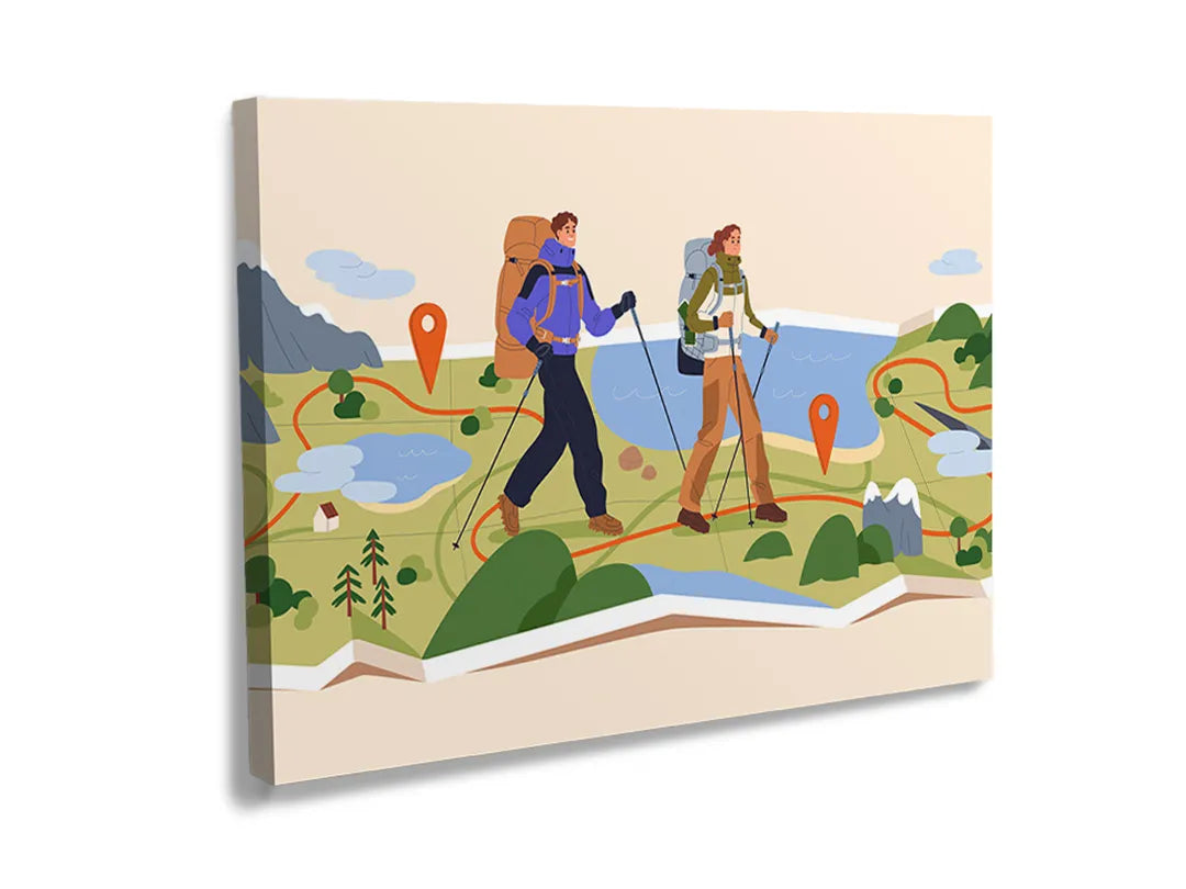 Kurkborden op canvas met wandelaars in een geïllustreerd landschap – formaat 120 × 80 cm