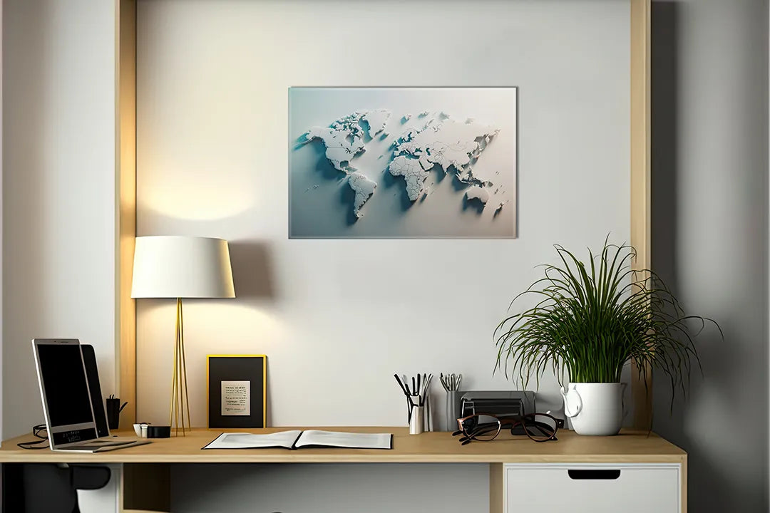 Kurkborden op canvas met witte driedimensionale wereldkaart – formaat 140 × 100 cm