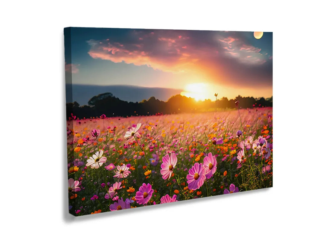Kurkborden op canvas met bloemenveld bij zonsondergang – formaat 120 × 80 cm