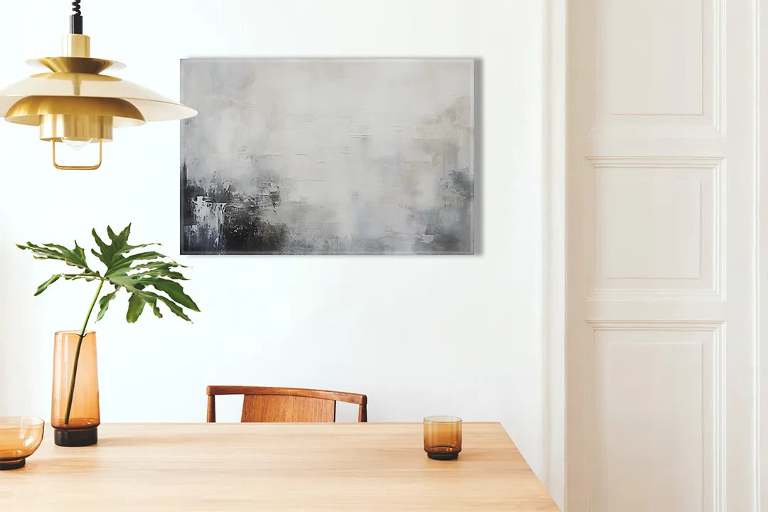 Kurkborden op canvas met abstract schilderij in grijs en wit – formaat 100 × 70 cm