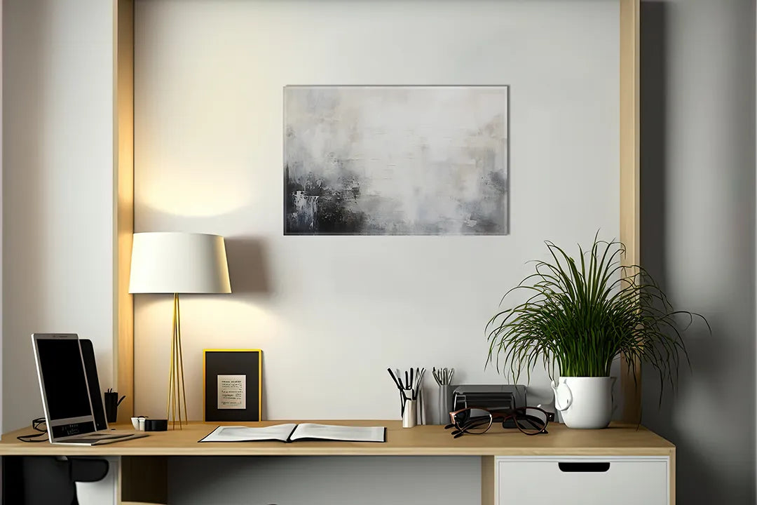 Kurkborden op canvas met abstract schilderij in grijs en wit – formaat 140 × 100 cm