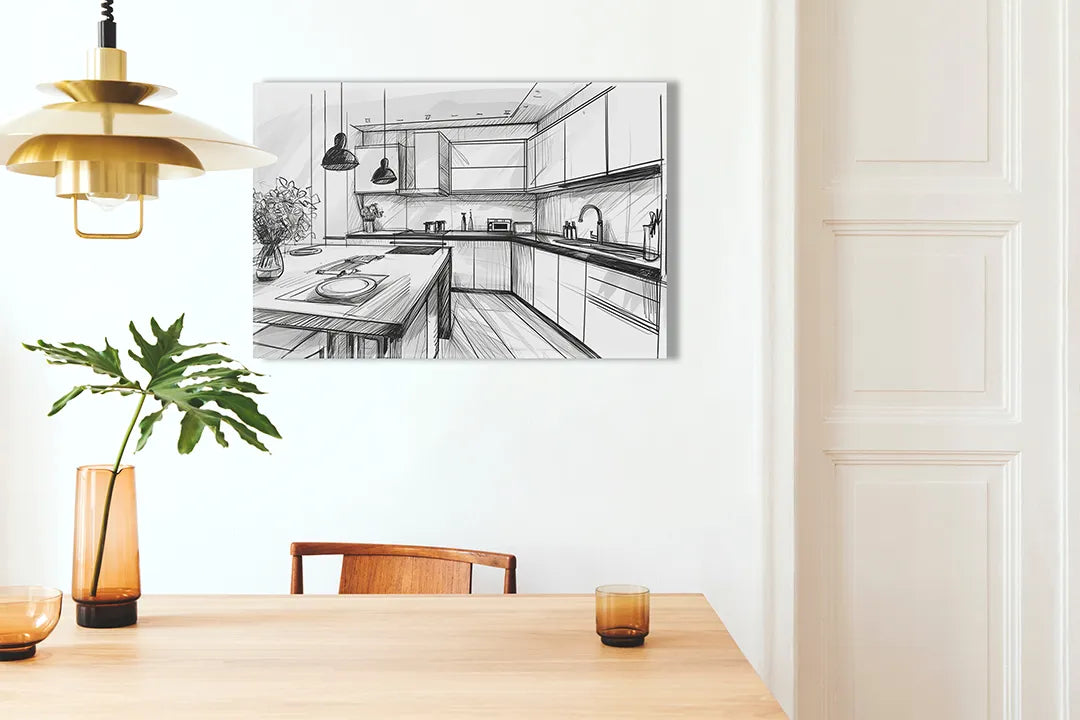 Kurkborden op canvas met architectuurschets van moderne keuken – formaat 100 × 70 cm
