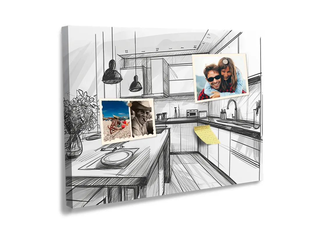 Kurkborden op canvas met architectuurschets van moderne keuken – formaat 60 × 40 cm