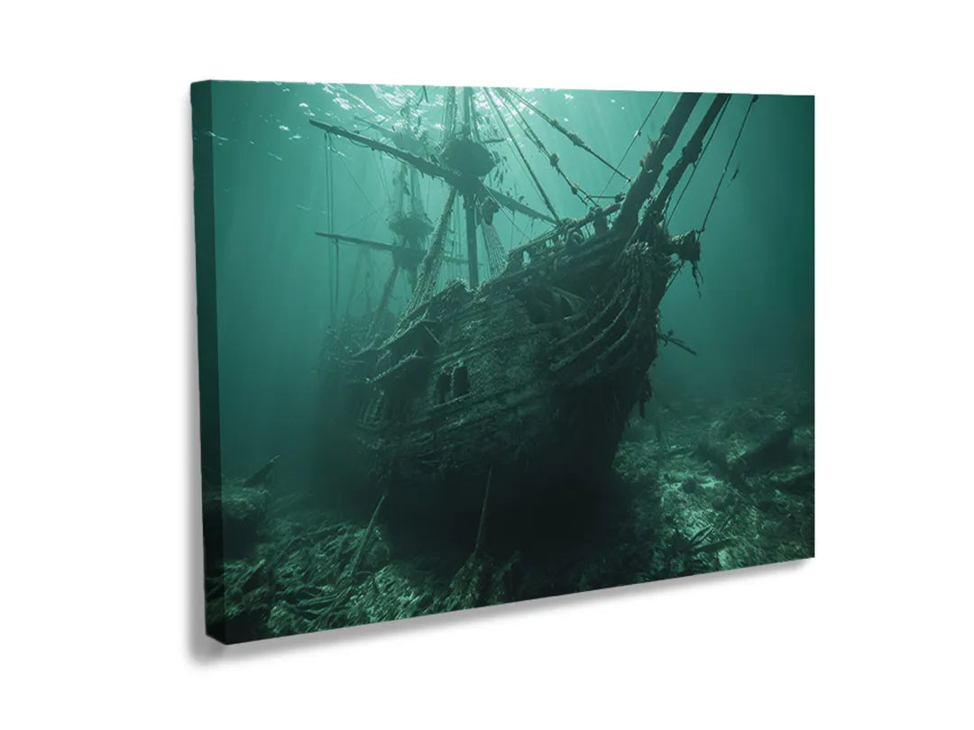 Kurkborden op canvas met scheepswrak onder water – formaat 120 × 80 cm