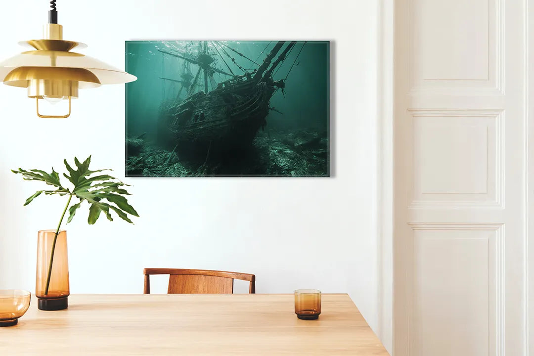 Kurkborden op canvas met scheepswrak onder water – formaat 100 × 70 cm