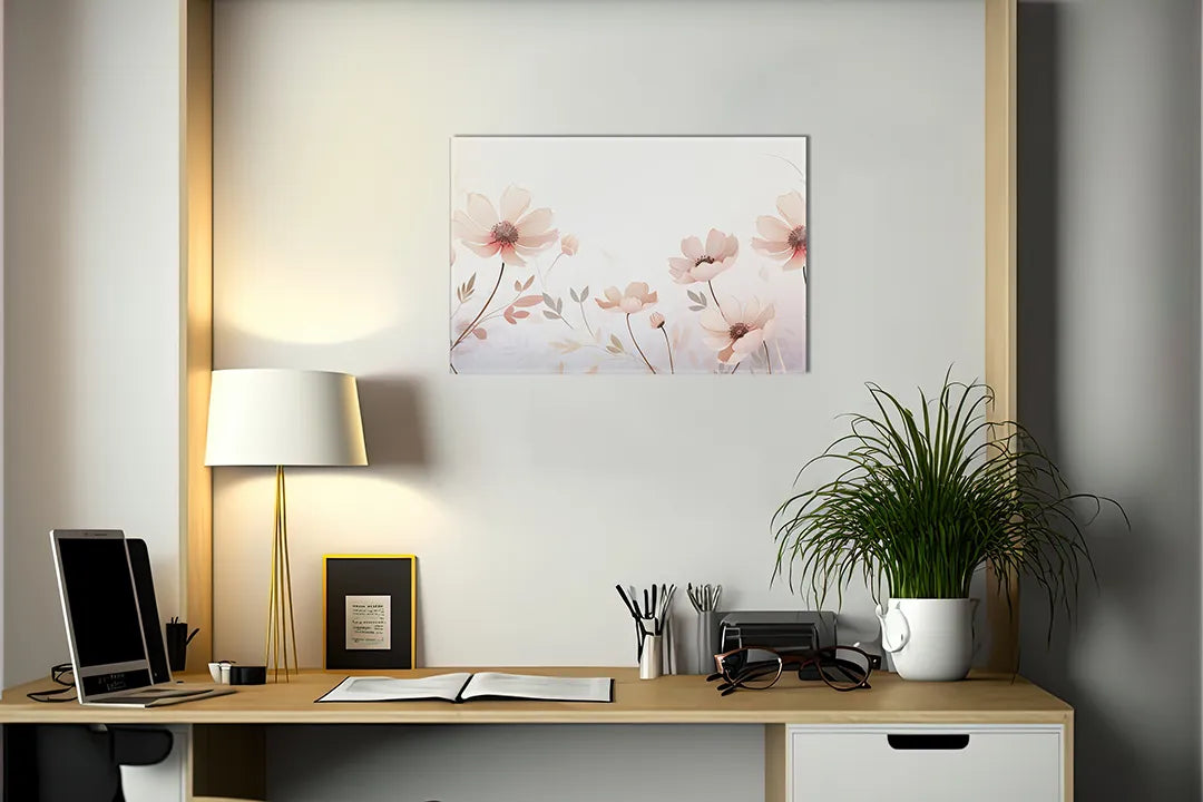 Kurkborden op canvas met zachte perzikbloesem illustratie – formaat 140 × 100 cm