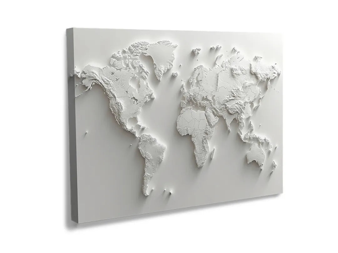 Kurkborden op canvas met witte reliëf wereldkaart – formaat 120 × 80 cm