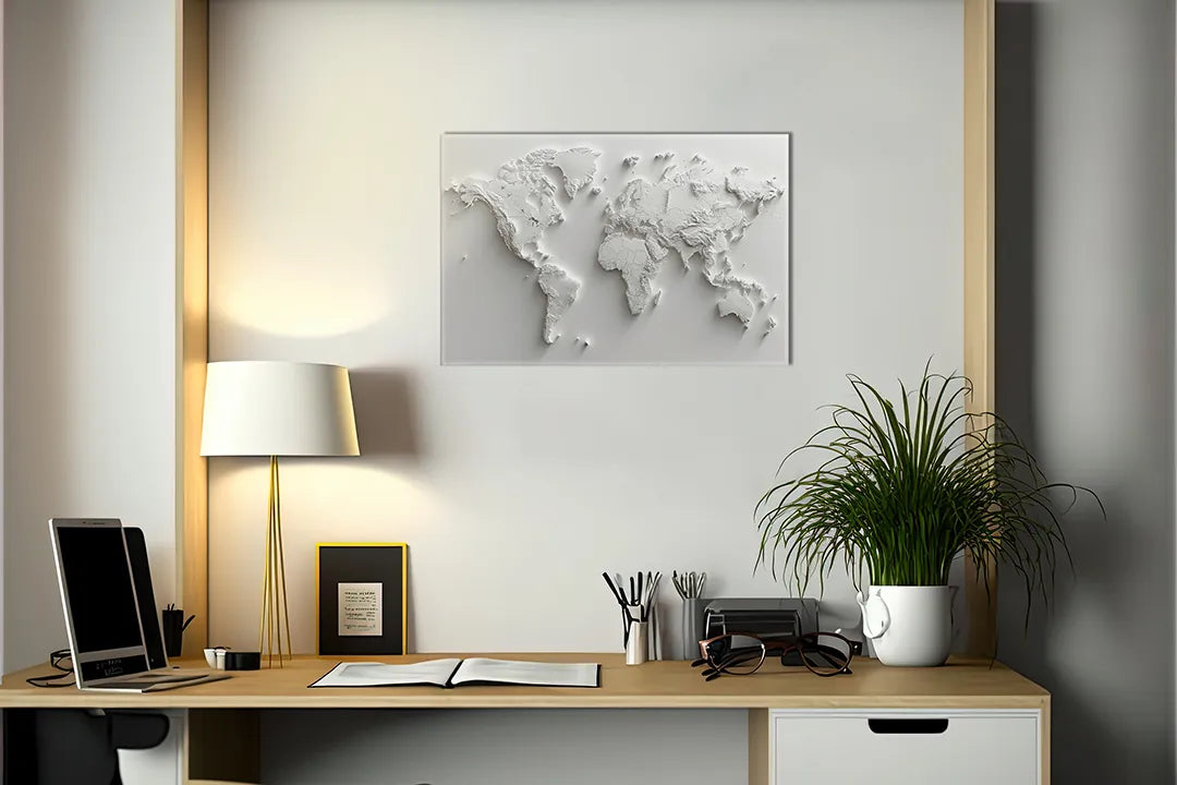 Kurkborden op canvas met witte reliëf wereldkaart – formaat 140 × 100 cm