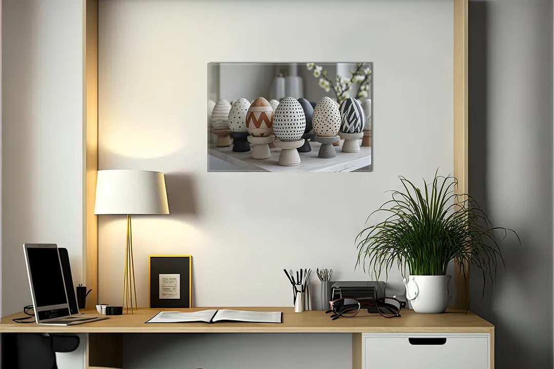 Kurkborden op canvas met decoratieve paaseieren in neutrale tinten – formaat 140 × 100 cm