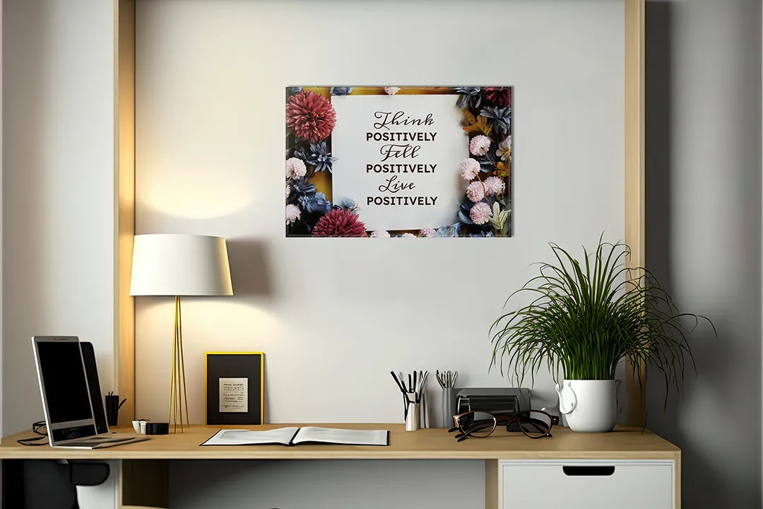 Kurkborden op canvas met positieve quote met bloemenkader – formaat 140 × 100 cm