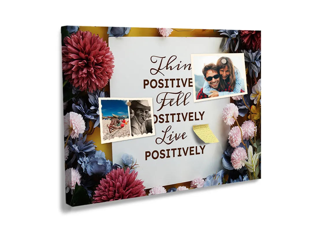 Kurkborden op canvas met positieve quote met bloemenkader – formaat 60 × 40 cm