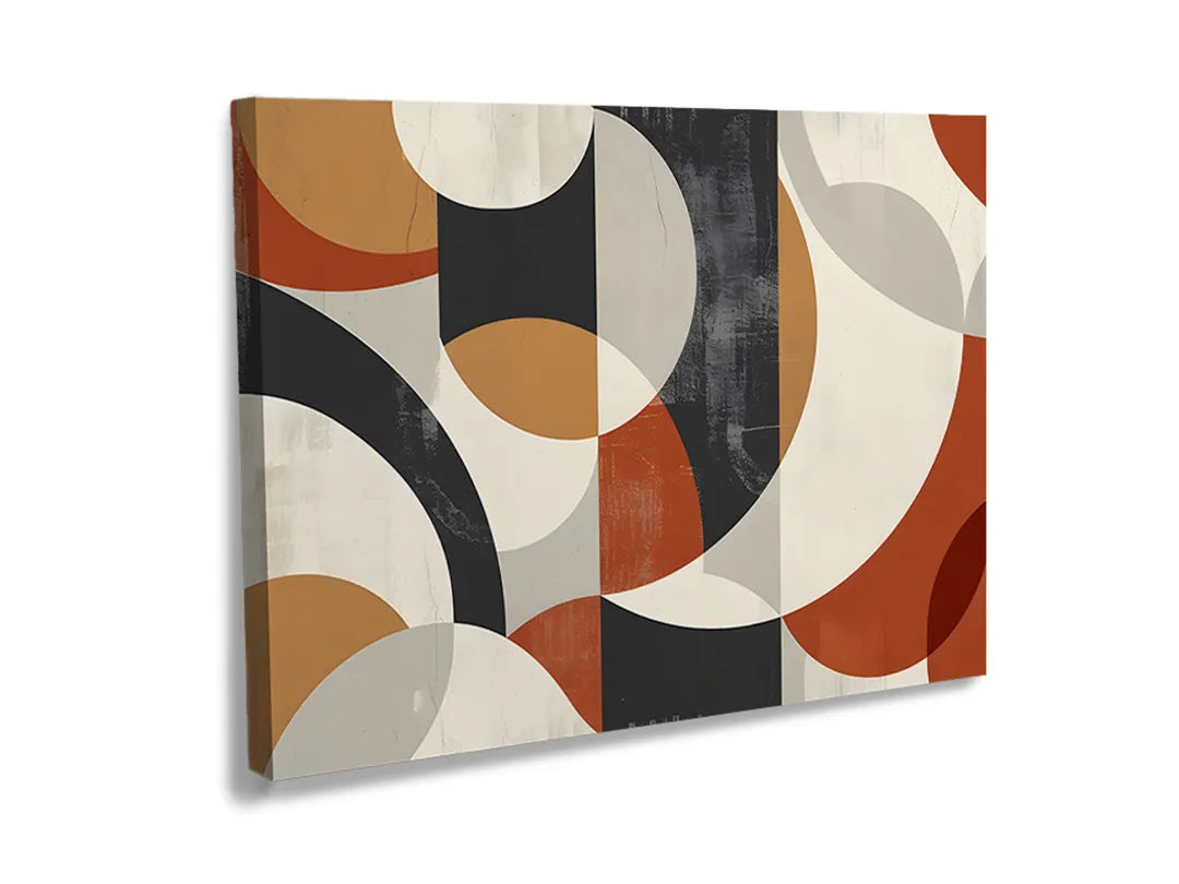 Kurkborden op canvas met retro geometrische vormen in aardetinten – formaat 120 × 80 cm