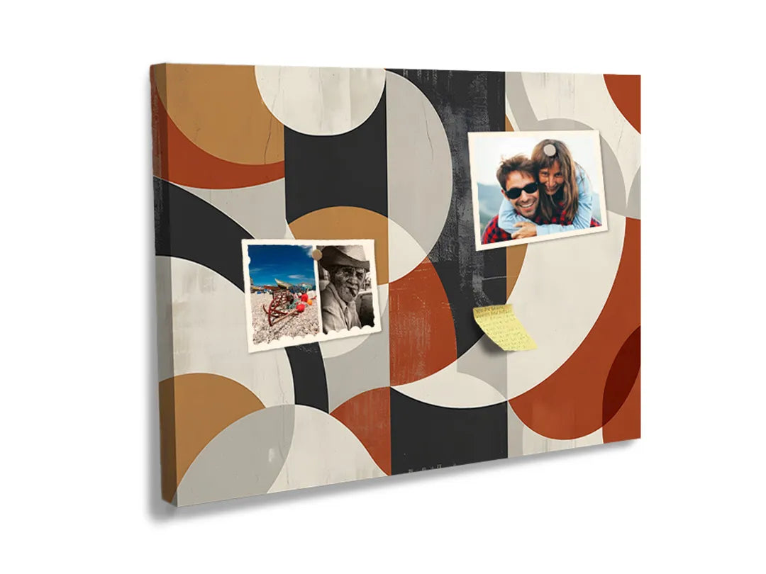 Kurkborden op canvas met retro geometrische vormen in aardetinten – formaat 60 × 40 cm