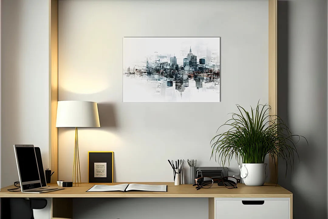 Kurkborden op canvas met abstracte stadsskyline in aquarel – formaat 140 × 100 cm