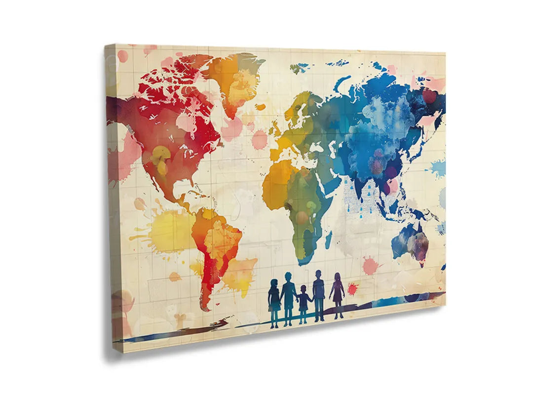 Kurkborden op canvas met kleurrijke wereldkaart met silhouetten – formaat 120 × 80 cm