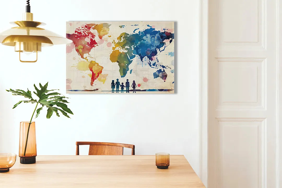 Kurkborden op canvas met kleurrijke wereldkaart met silhouetten – formaat 100 × 70 cm