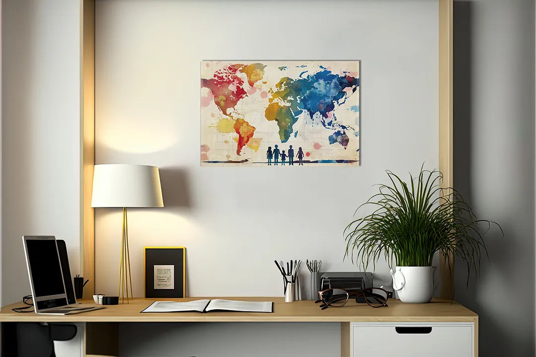 Kurkborden op canvas met kleurrijke wereldkaart met silhouetten – formaat 140 × 100 cm