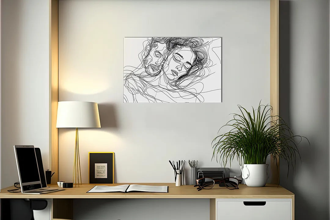 Kurkborden op canvas met expressieve lijntekening van vrouwengezicht – formaat 140 × 100 cm