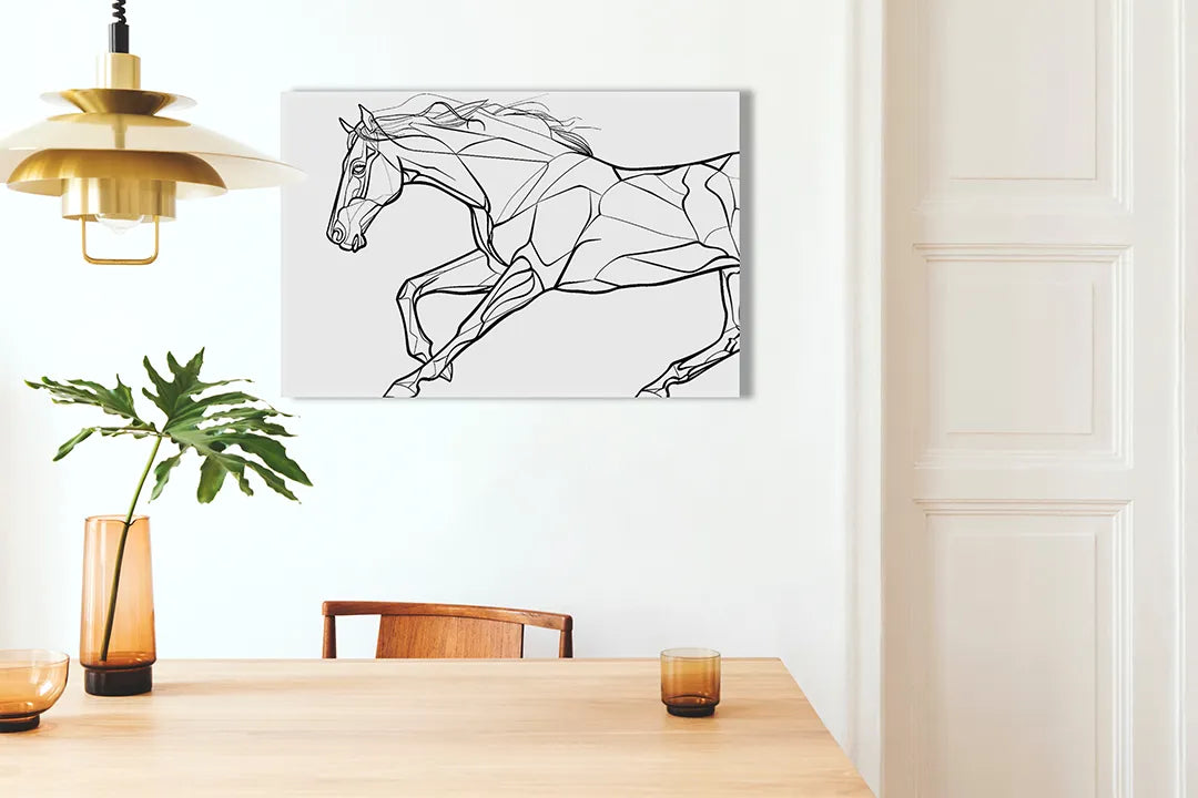 Kurkborden op canvas met geometrische lijntekening van paard – formaat 100 × 70 cm