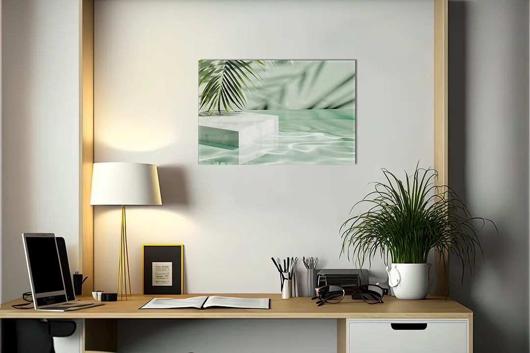 Kurkborden op canvas met minimalistische groene spa compositie – formaat 140 × 100 cm