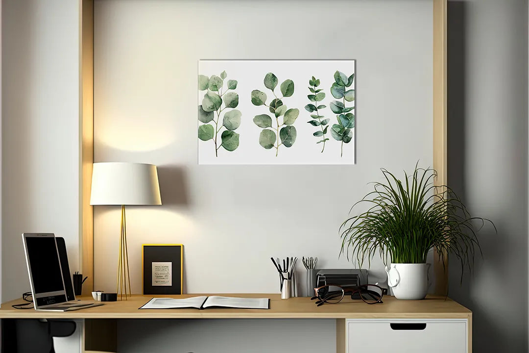 Kurkborden op canvas met eucalyptusbladeren op witte achtergrond – formaat 140 × 100 cm