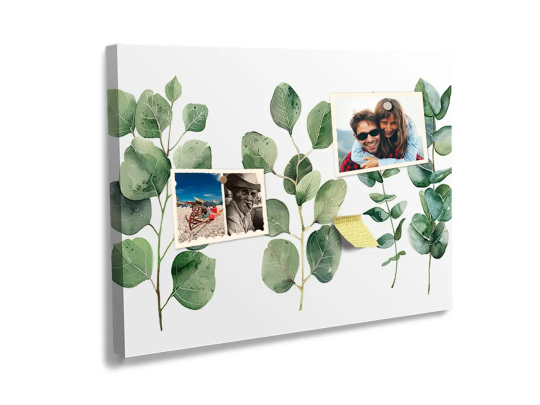 Kurkborden op canvas met eucalyptusbladeren op witte achtergrond – formaat 60 × 40 cm