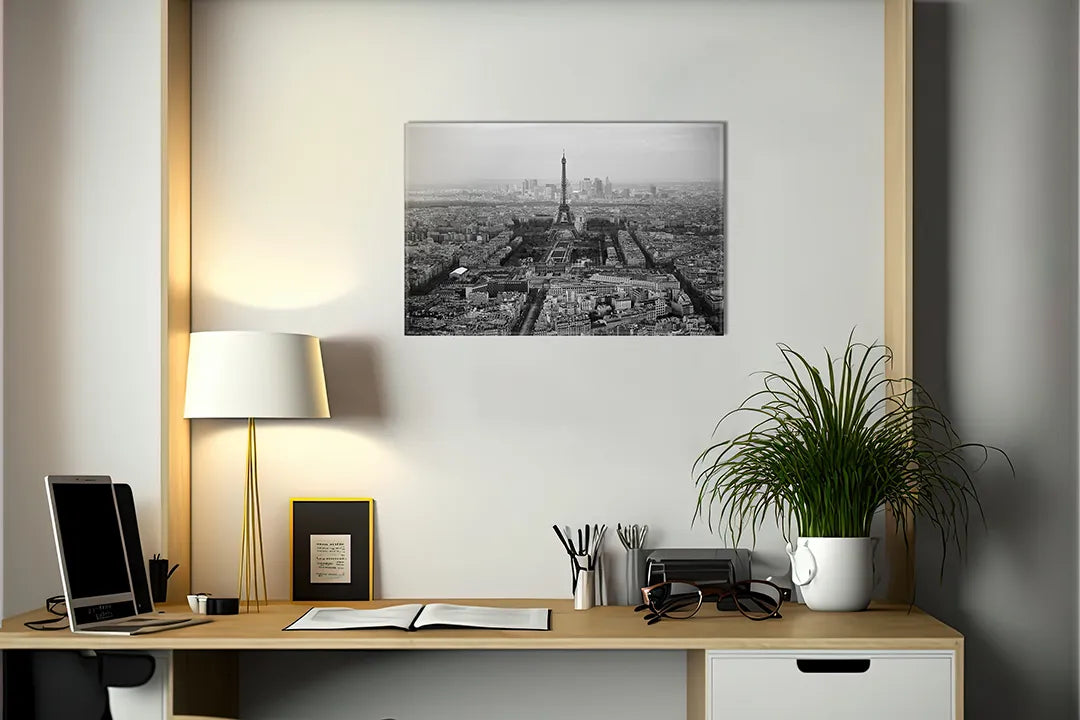 Kurkborden op canvas met zwart-wit panorama van parijs – formaat 140 × 100 cm