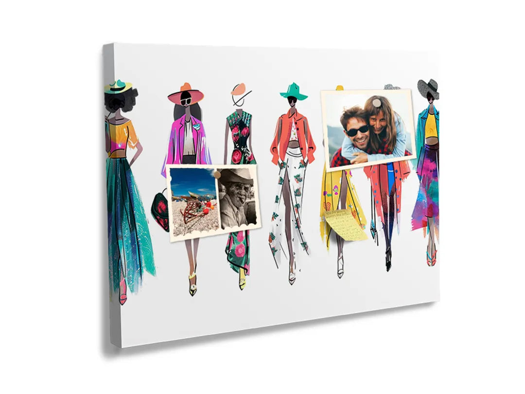 Kurkborden op canvas met kleurrijke modefiguren op wit – formaat 60 × 40 cm