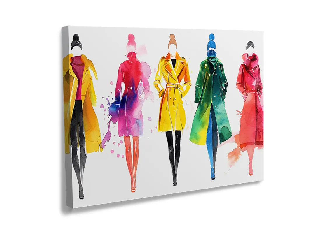 Kurkborden op canvas met modeillustraties met kleurrijke jurken – formaat 120 × 80 cm