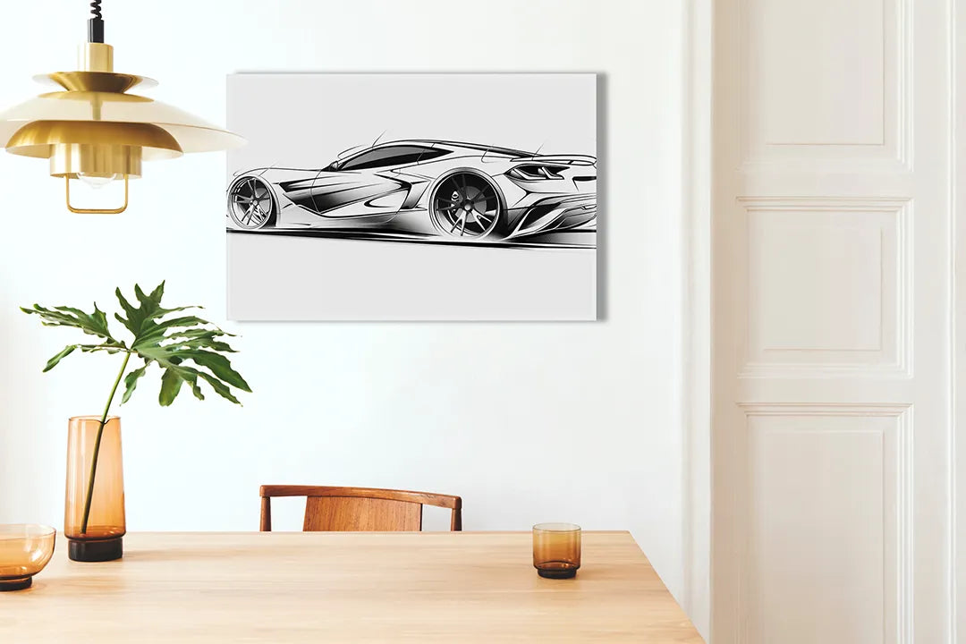 Kurkborden op canvas met conceptschets van sportwagen – formaat 100 × 70 cm