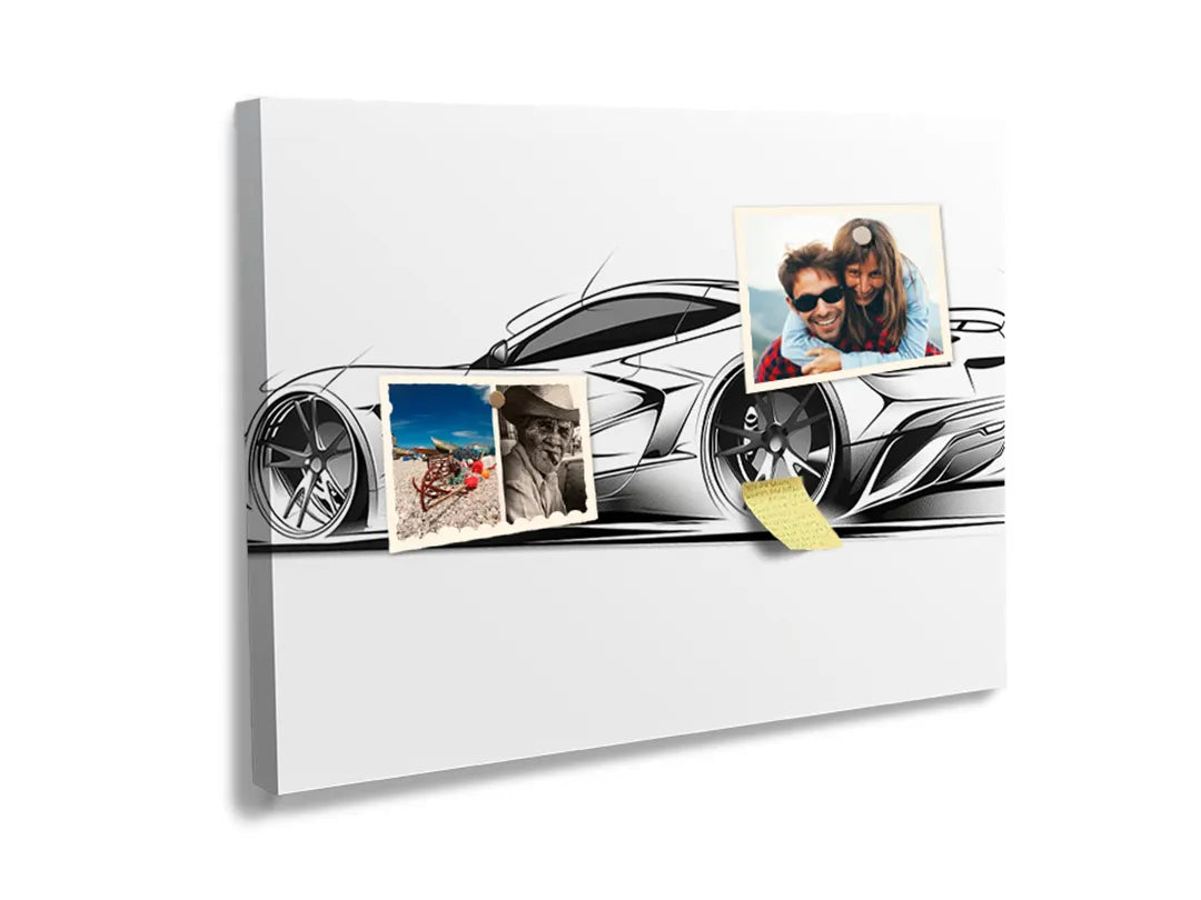 Kurkborden op canvas met conceptschets van sportwagen – formaat 60 × 40 cm