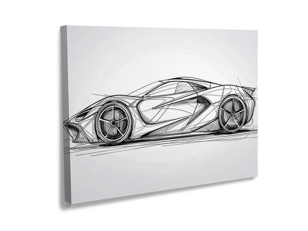 Kurkborden op canvas met technische lijnschets van sportauto – formaat 120 × 80 cm