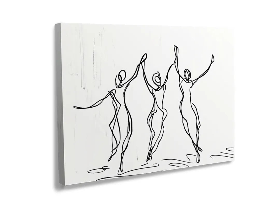 Kurkborden op canvas met minimalistische dansende figuren – formaat 120 × 80 cm