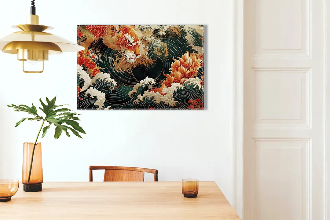 Kurkborden op canvas met japanse golven en bloemen – formaat 100 × 70 cm