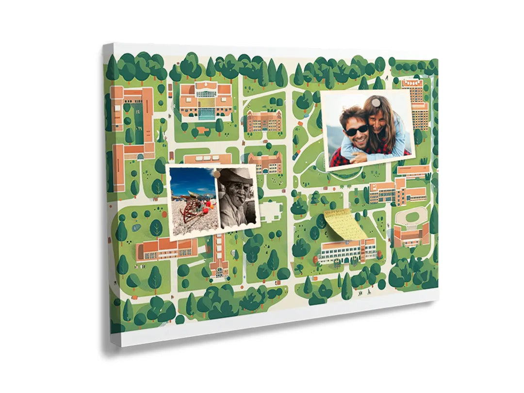 Kurkborden op canvas met geïllustreerde plattegrond van woonwijk – formaat 60 × 40 cm