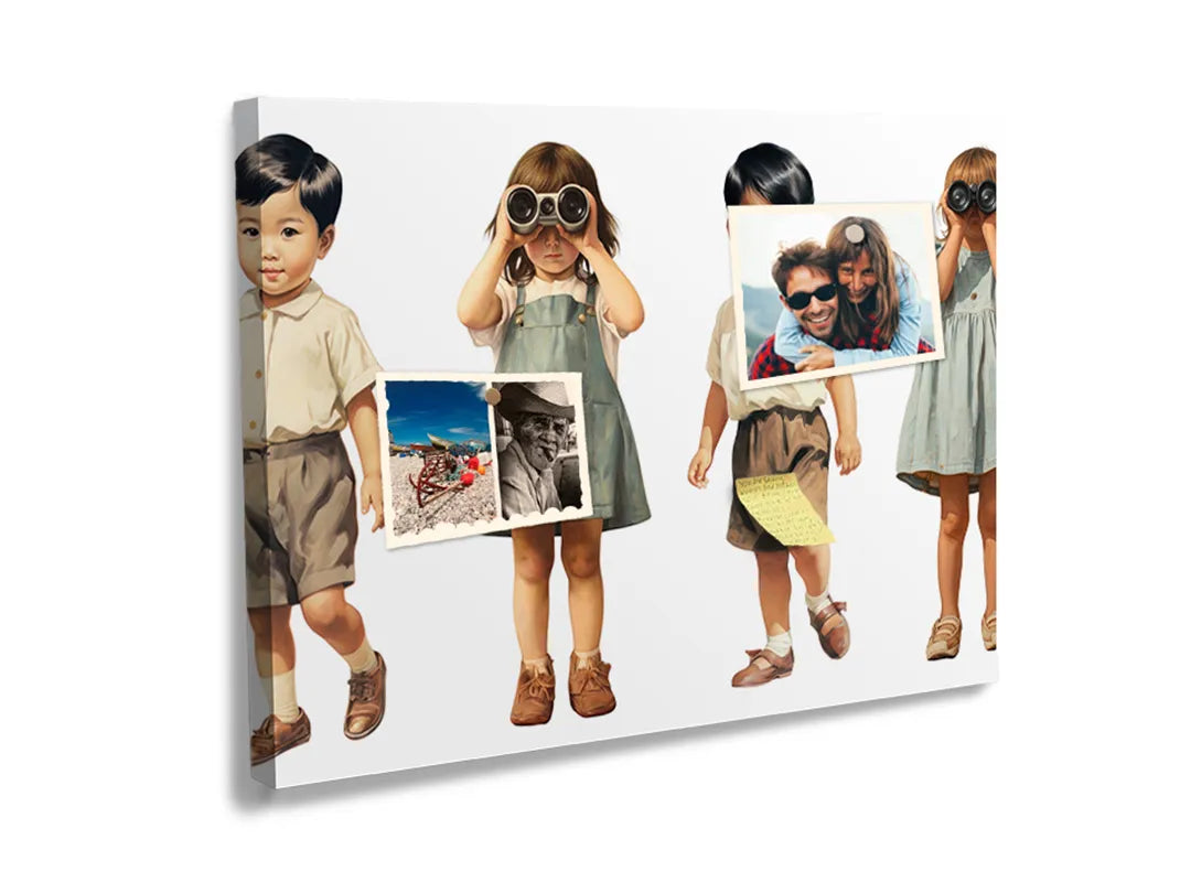 Kurkborden op canvas met vier kinderen in vintage illustratiestijl – formaat 60 × 40 cm