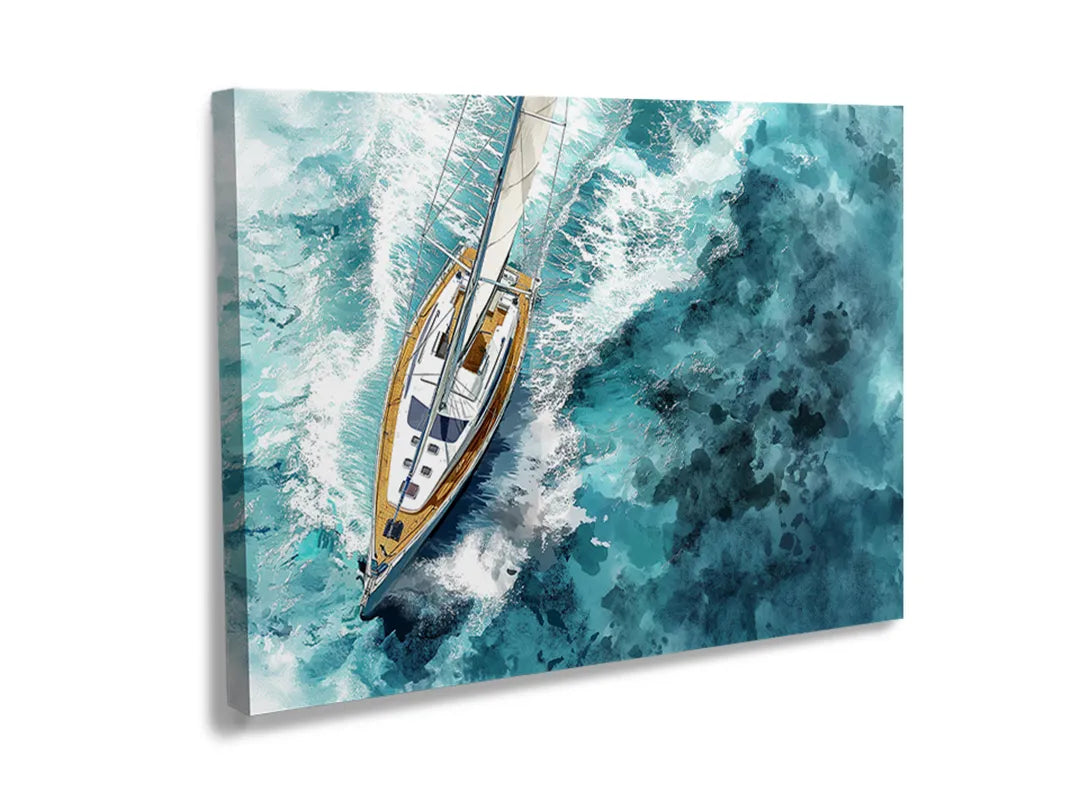 Kurkborden op canvas met zeilboot gezien vanuit de lucht – formaat 120 × 80 cm