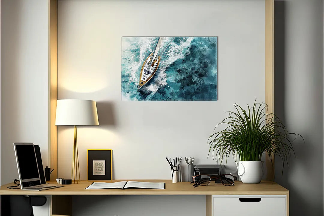 Kurkborden op canvas met zeilboot gezien vanuit de lucht – formaat 140 × 100 cm