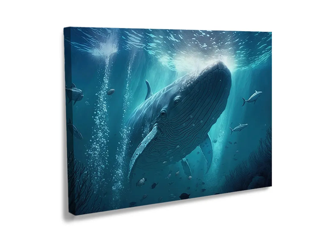Kurkborden op canvas met walvis onder zonnestralen – formaat 120 × 80 cm