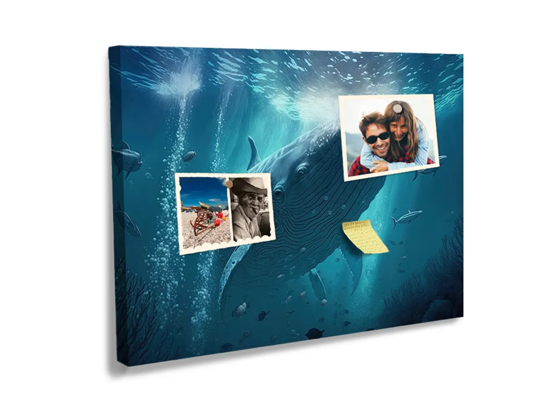 Kurkborden op canvas met walvis onder zonnestralen – formaat 60 × 40 cm