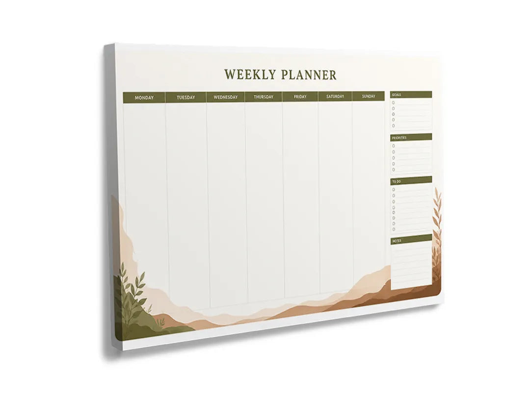 Kurkborden op canvas met minimalistische weekplanner met botanische accenten – formaat 120 × 80 cm