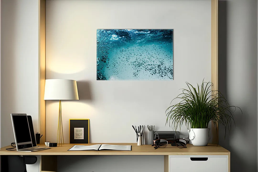 Kurkborden op canvas met luchtbellen onder water – formaat 140 × 100 cm