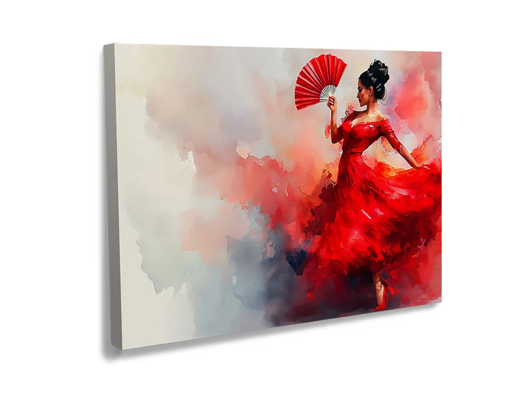 Kurkborden op canvas met dansende vrouw in rode jurk – formaat 120 × 80 cm