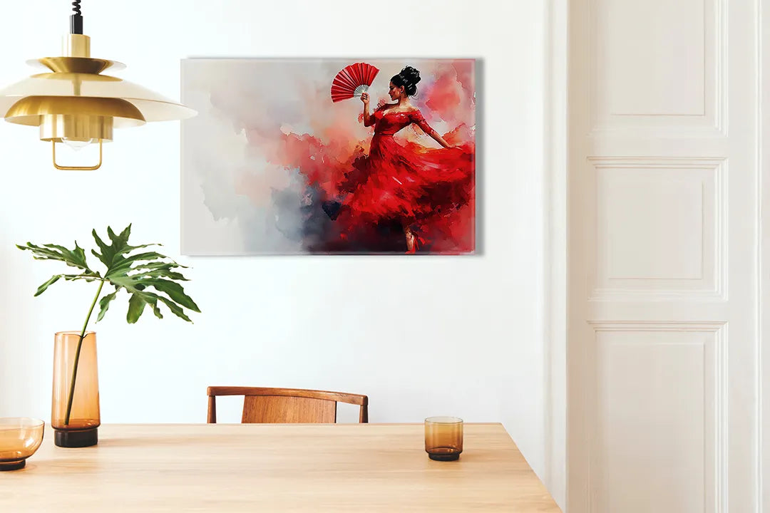 Kurkborden op canvas met dansende vrouw in rode jurk – formaat 100 × 70 cm