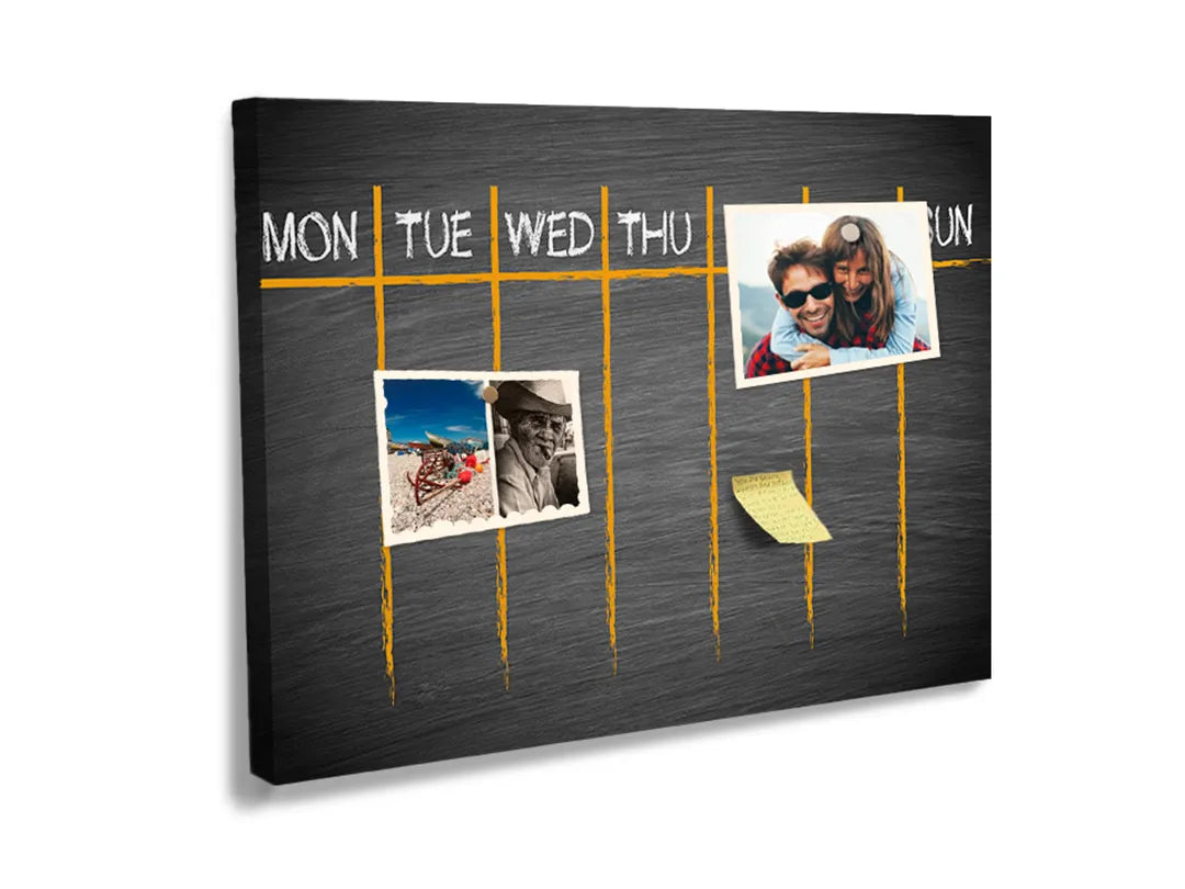 Kurkborden op canvas met zwarte weekplanner met oranje lijnen – formaat 60 × 40 cm