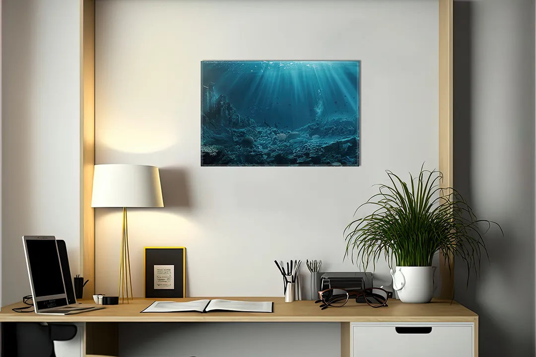Kurkborden op canvas met diepzee met zonnestralen – formaat 140 × 100 cm